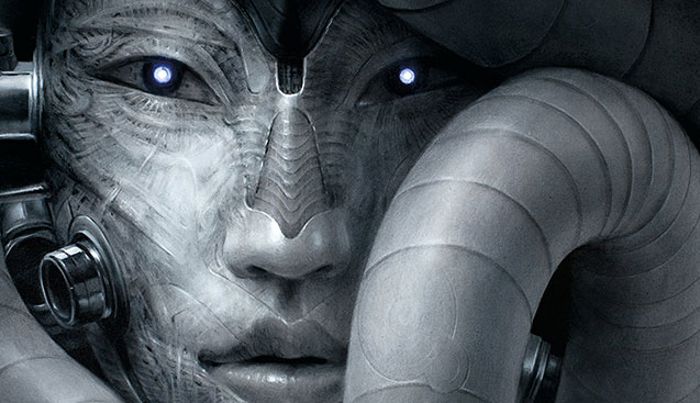 Closeup of a robotic face from the cover of Medusa Uploaded